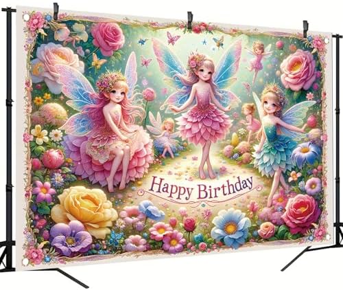 Fairy Birthday Backdrop Banner for Kids Girls Party Decoration