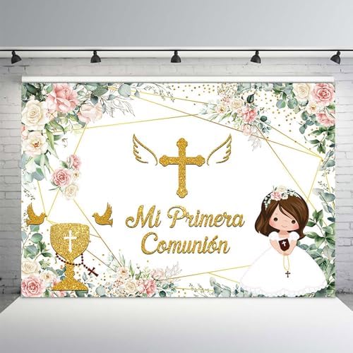 MEHOFOND 7x5ft Pink White Floral Backdrop for Girls Baptism Party