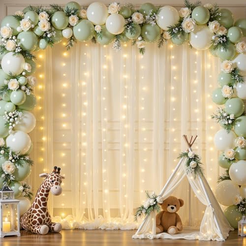 Ivory Tulle Backdrop Curtains with String Lights for Parties