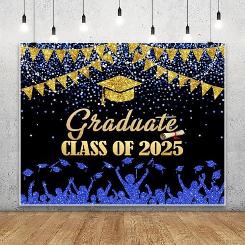 2025 Graduation Backdrop 10x8ft Blue Gold Glitter