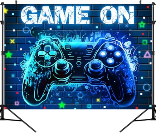 Video Game Party Backdrop with Blue Neon Glow