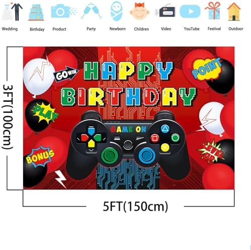 Video Game Birthday Party Backdrop Banner 5x3ft Foldable Gaming Theme