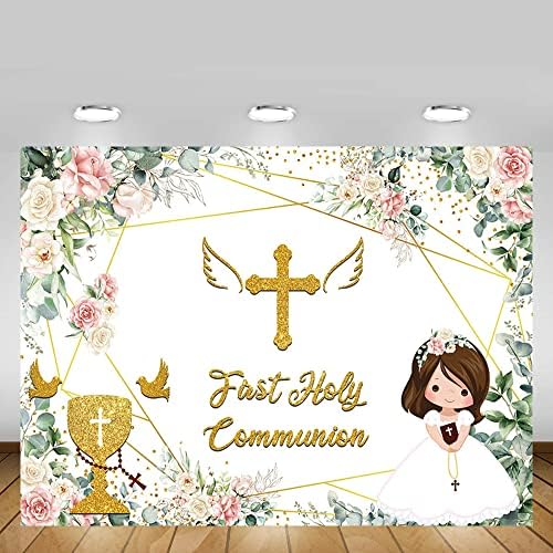 MEHOFOND Pink Floral First Holy Communion Backdrop 7x5ft