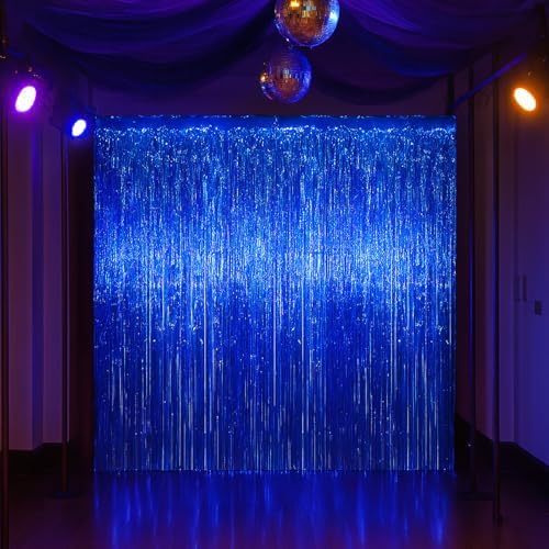 3 Pack Blue Foil Fringe Backdrop Curtains for Parties