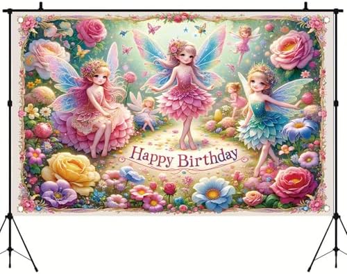 Fairy Birthday Backdrop Banner for Kids Girls Party Decoration
