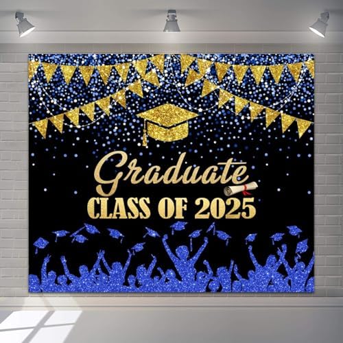 2025 Graduation Backdrop 10x8ft Blue Gold Glitter