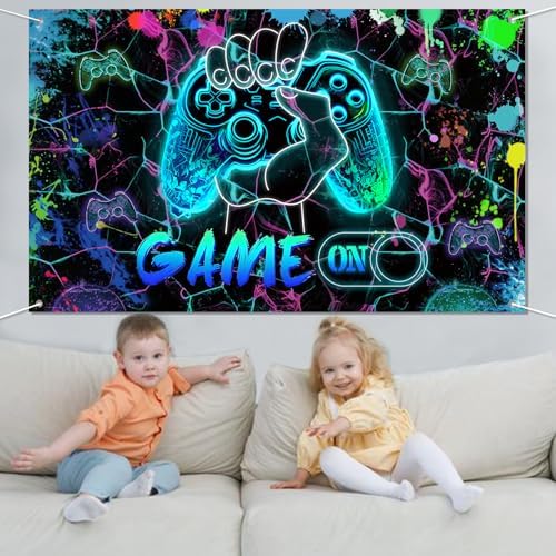 Game On Backdrop 59x36ft Neon Blue Birthday Decor