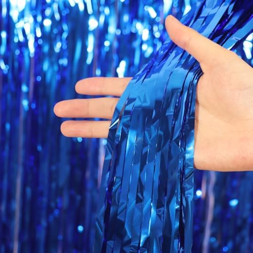3 Pack Blue Foil Fringe Backdrop Curtains for Parties