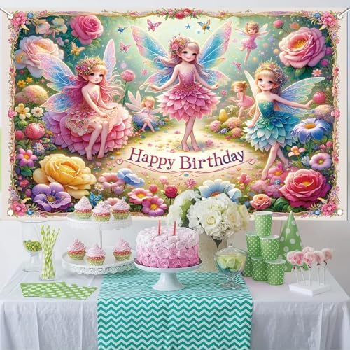 Fairy Birthday Backdrop Banner for Kids Girls Party Decoration