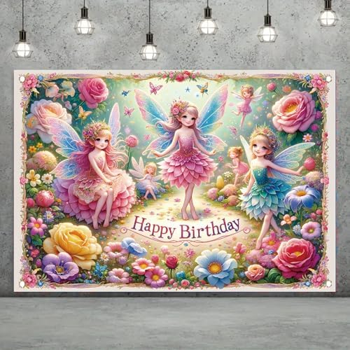 Fairy Birthday Backdrop Banner for Kids Girls Party Decoration