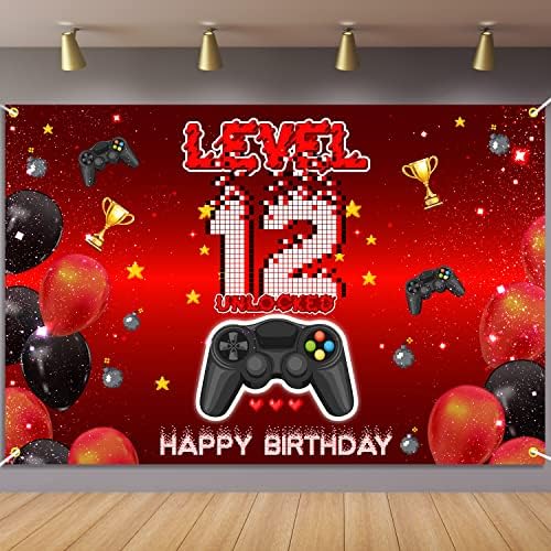 Level 12 Unlocked Birthday Backdrop Banner Red Black