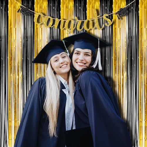 BRAVESHINE Black Gold Foil Curtains 2 Pack Photo Booth Backdrop
