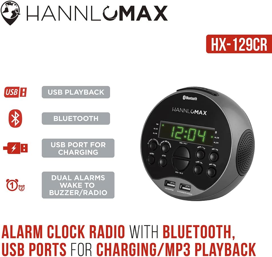 HANNLOMAX HX-129CR Alarm Clock Radio with Bluetooth and USB Charging