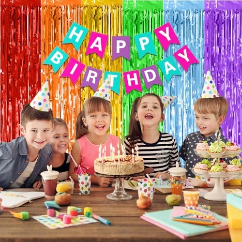 Biapian Rainbow Foil Fringe Curtains 2 Packs Party Decor