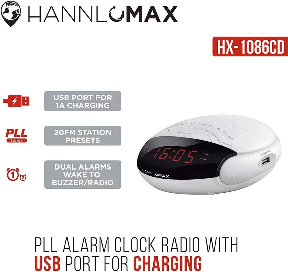 HANNLOMAX HX-200 Alarm Clock Radio with Dual Alarm and USB Charging