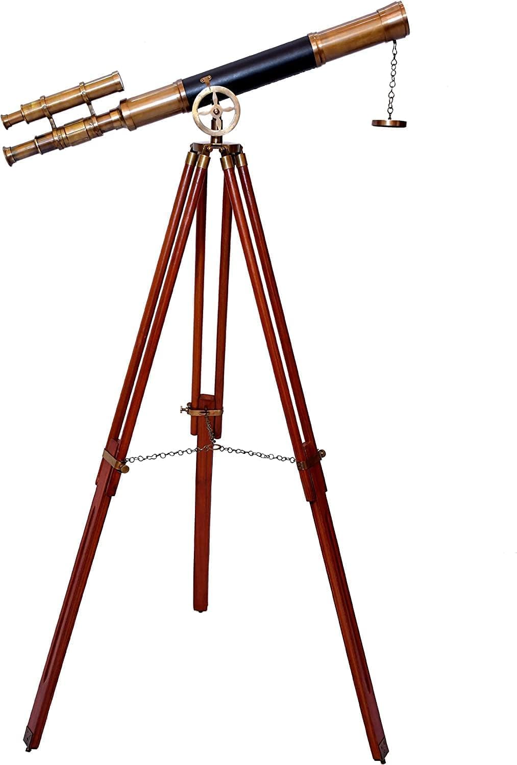 Floor Standing Brass Telescope with Wooden Tripod