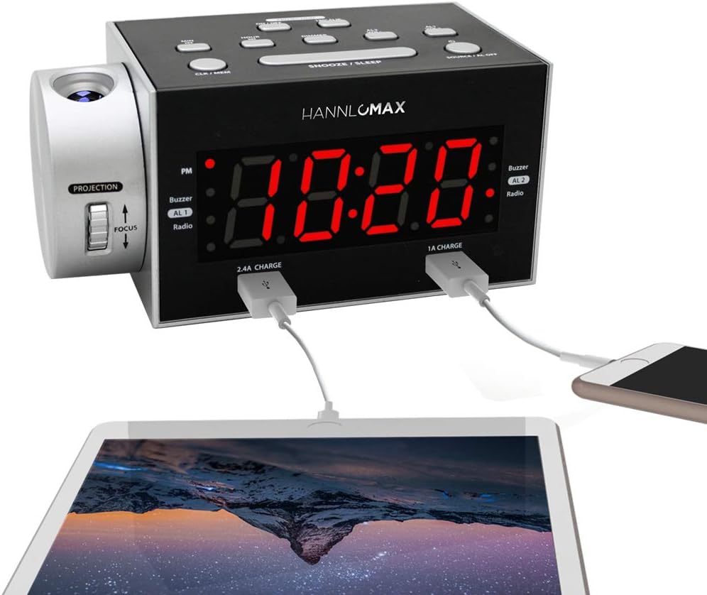 HX-135CR Alarm Clock Radio with Projection and Dual USB Ports