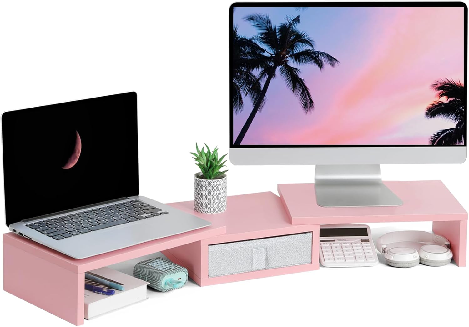 TEAMIX Pink Dual Monitor Stand Riser with Drawer