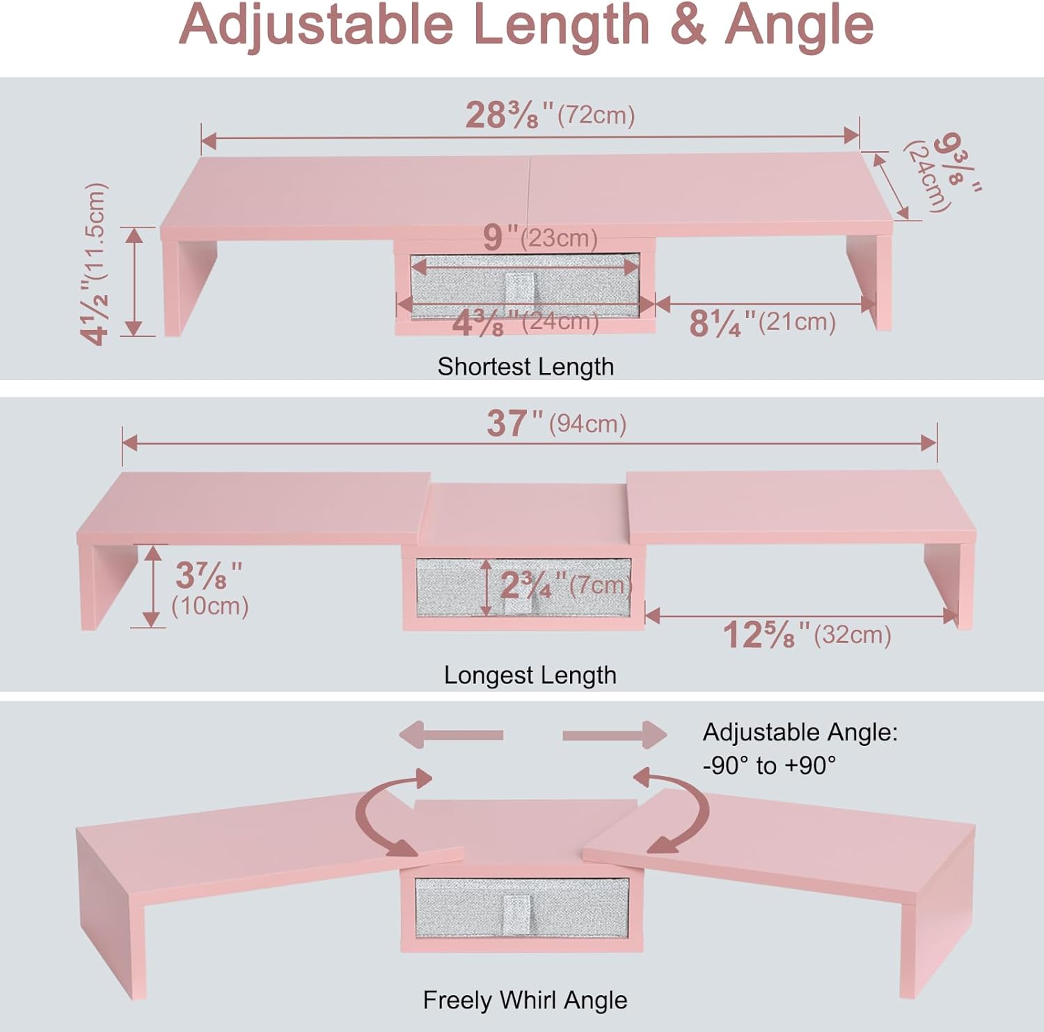 TEAMIX Pink Dual Monitor Stand Riser with Drawer