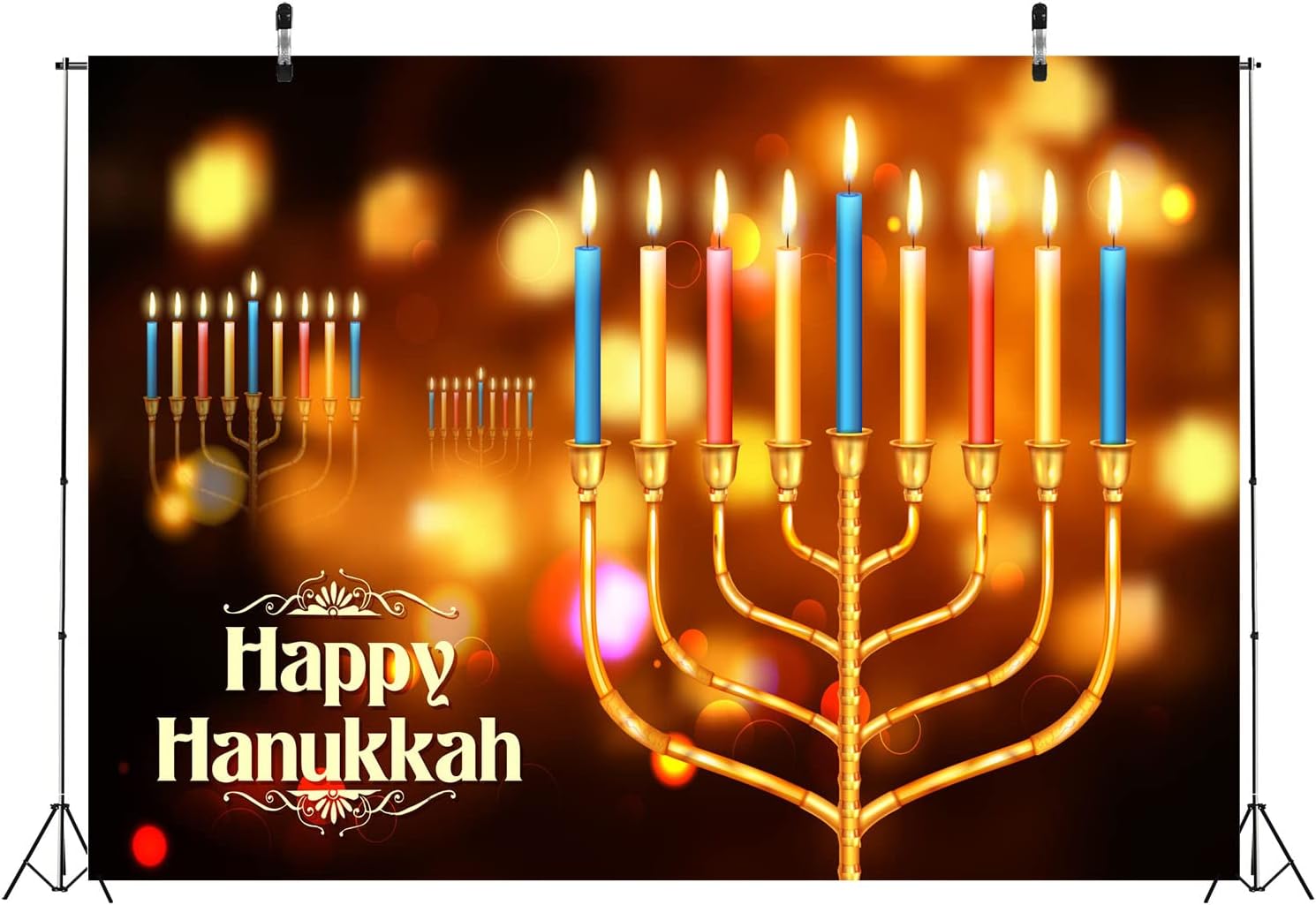 BELECO 8x6ft Hanukkah Photo Backdrop with Golden Glitter and Bokeh Lights