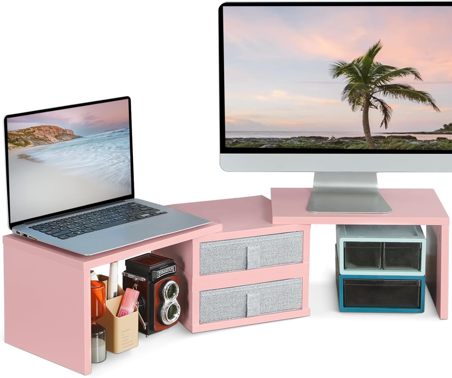 TEAMIX Pink Dual Monitor Stand with 2 Drawers