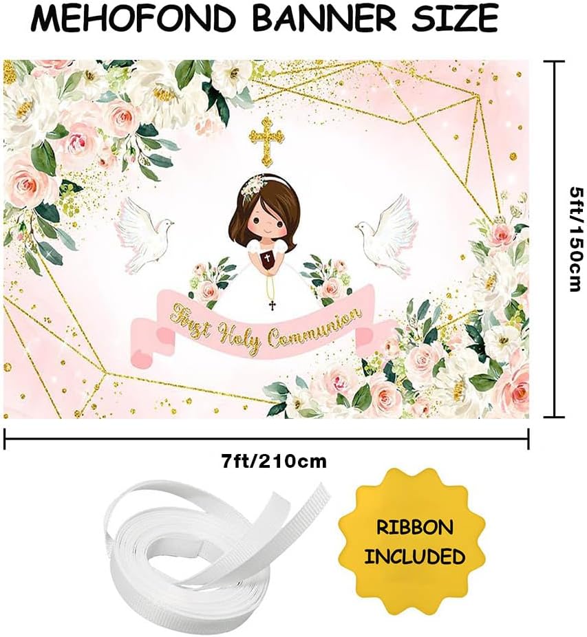 MEHOFOND Holy Communion Backdrop Pink Floral Photo Studio Background
