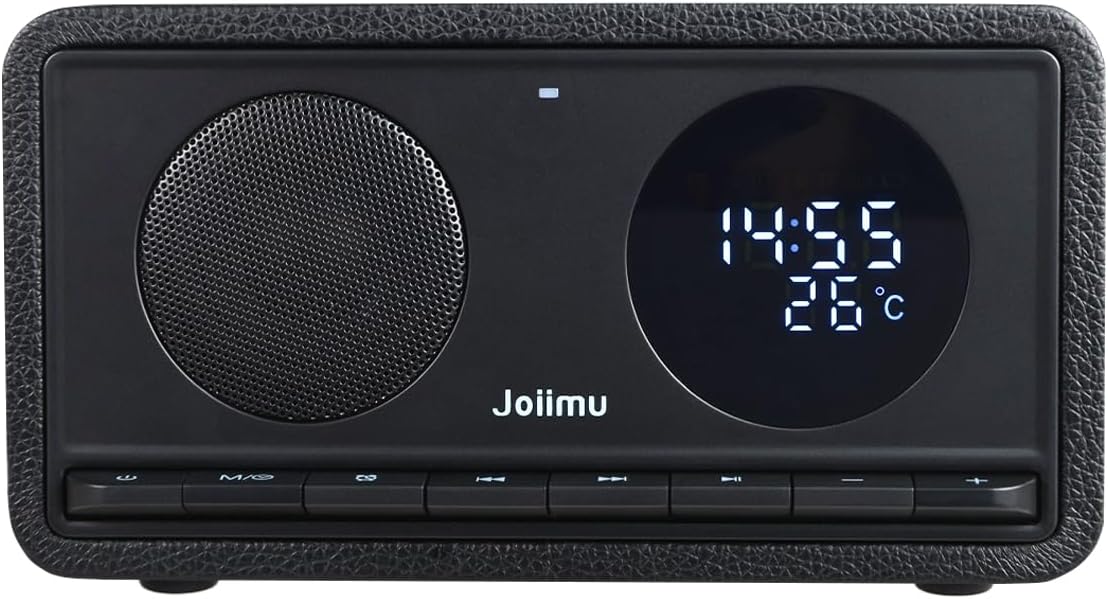 Bluetooth Speaker with Alarm Clock FM Radio Wireless Charger Thermometer Wooden Design