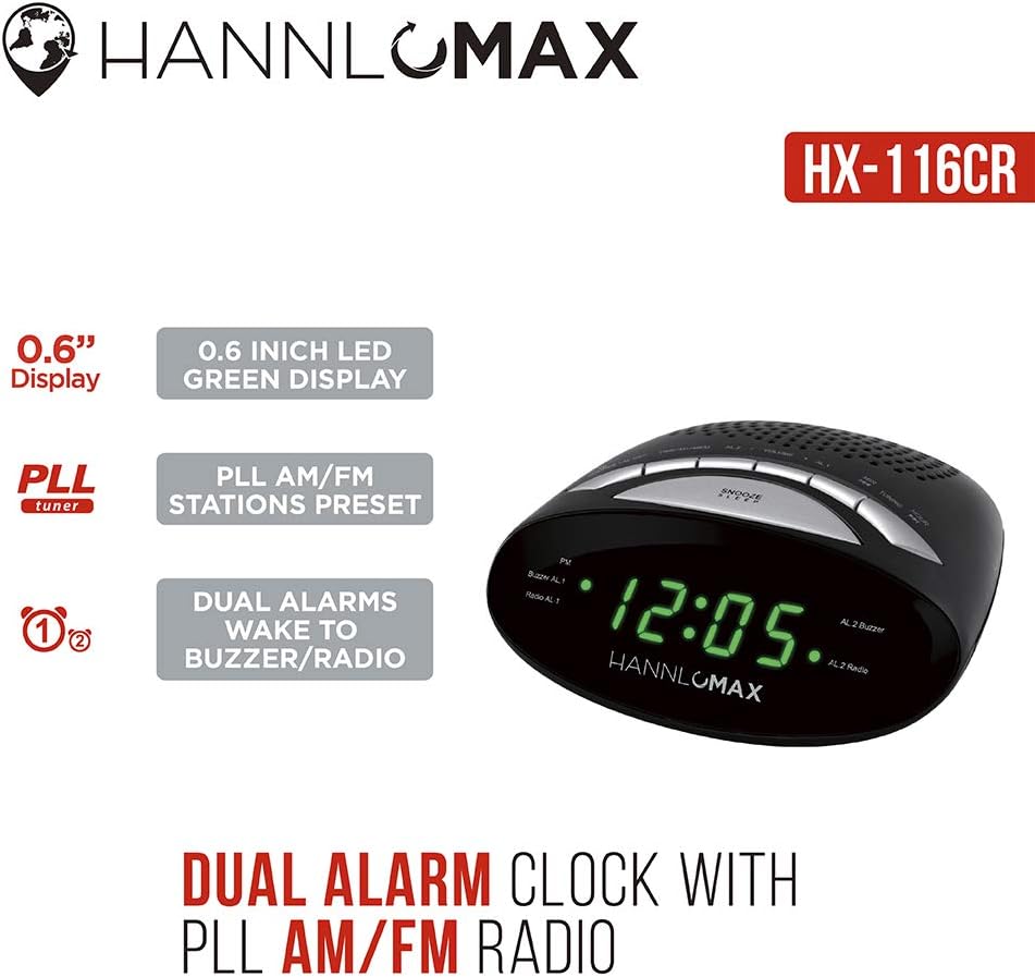 Hannlomax HX-116CR Alarm Clock Radio with Green LED Display and Dual Alarm