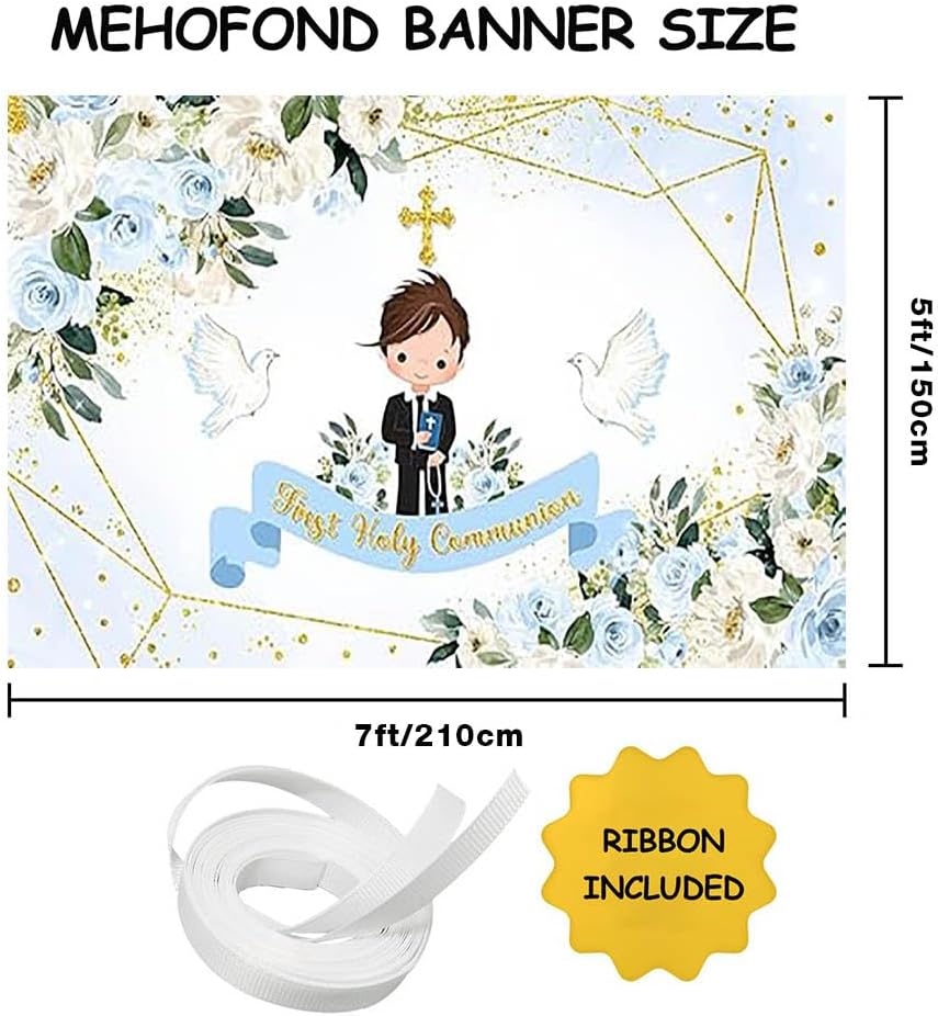 MEHOFOND First Holy Communion Photo Backdrop 7x5ft Blue Floral