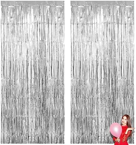 Silver Backdrop Curtain with Fringe 2 Pack 33x99ft