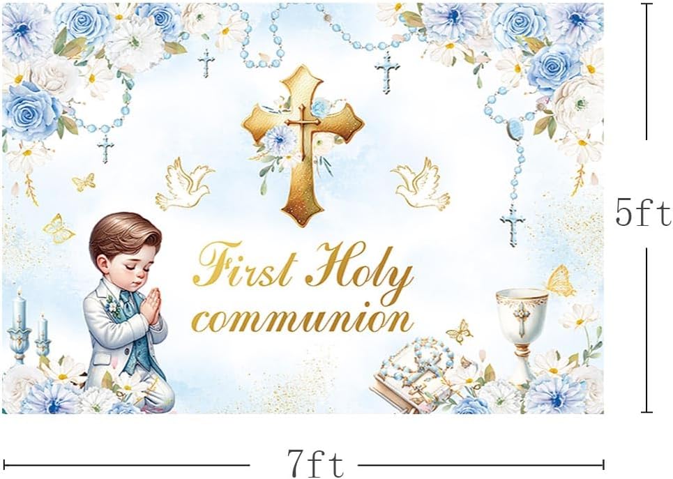 MEHOFOND 7x5ft First Holy Communion Backdrop with Blue Boy Design