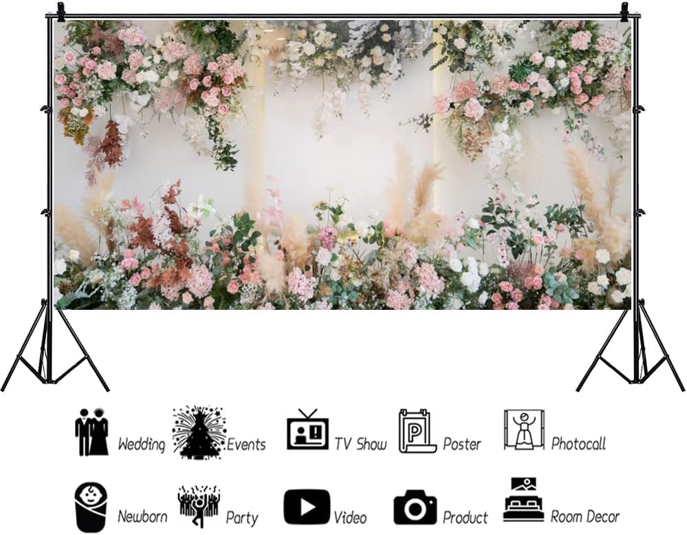 Yeele 15x8ft Pink White Wedding Backdrop with Rose Flowers