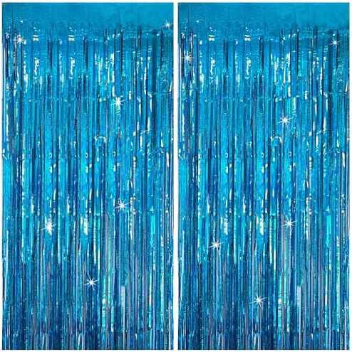 KEJ Tinsel Curtain Backdrop Blue 2 Packs Birthday Decorations