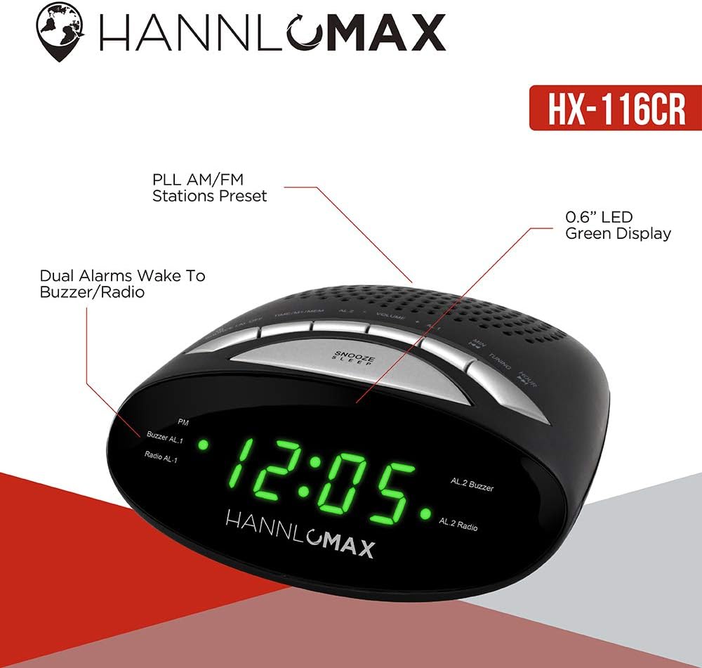 Hannlomax HX-116CR Alarm Clock Radio with Green LED Display and Dual Alarm