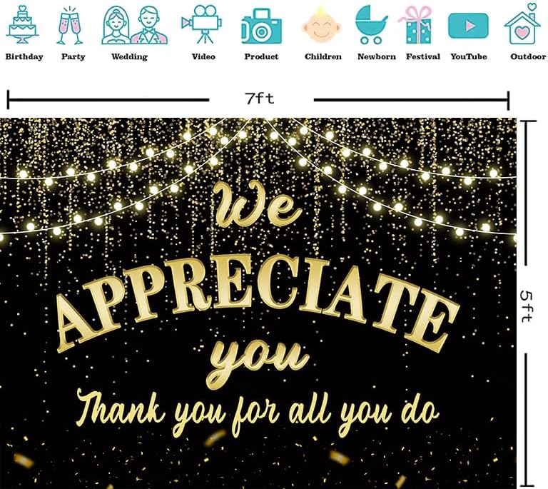 We Appreciate You Backdrop 10x8ft Black Golden Glitter Banner