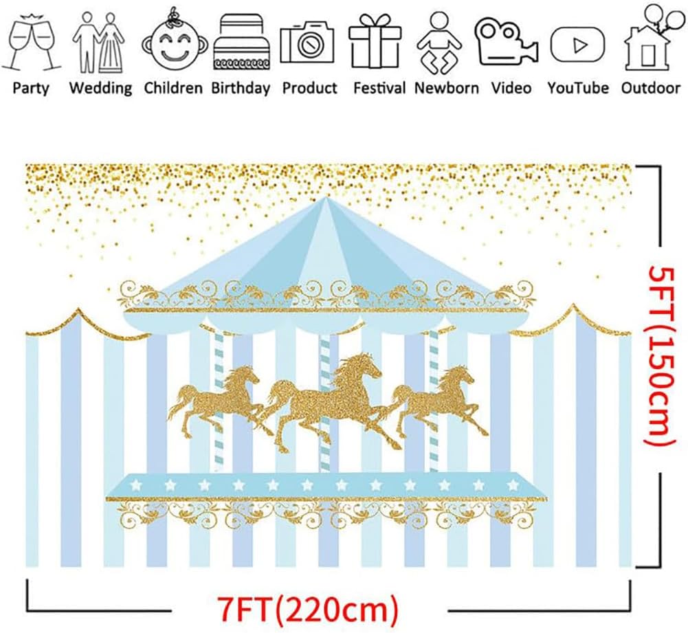 7x5ft Blue Gold Stripe Carousel Birthday Party Backdrop