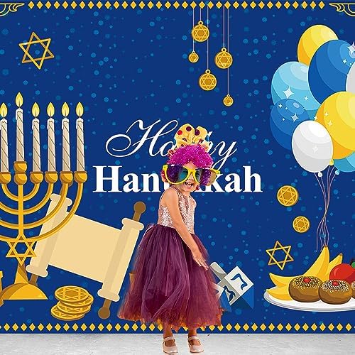 7x5FT Hanukkah Party Background with Blue Gold Design