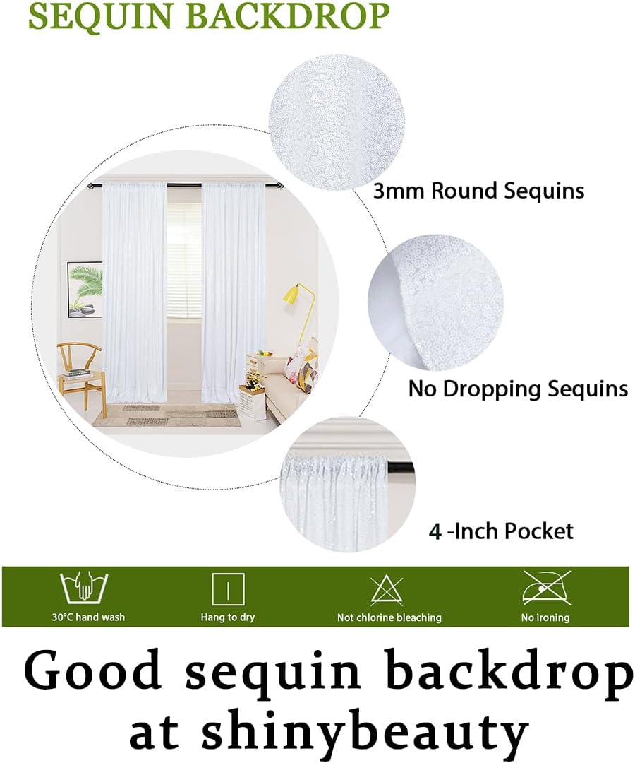 ShinyBeauty White Sequin Backdrop 4x10ft Wedding Arch Drapes