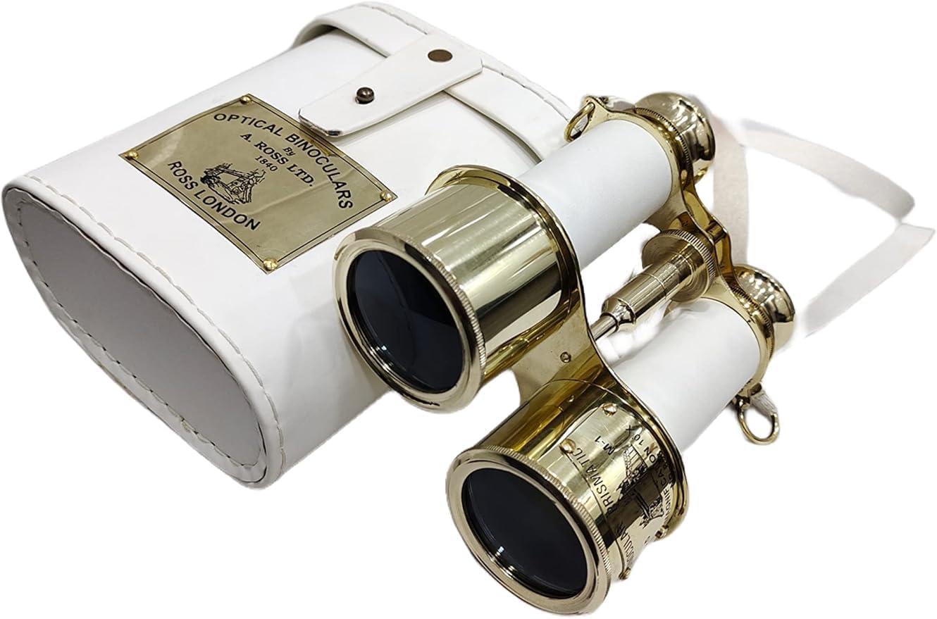 Shiny Brass Binocular with White Leather Case