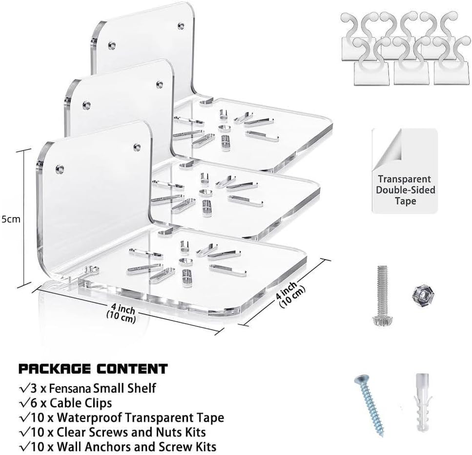 Fensana Acrylic Floating Shelves 3-Pack with Cable Clips