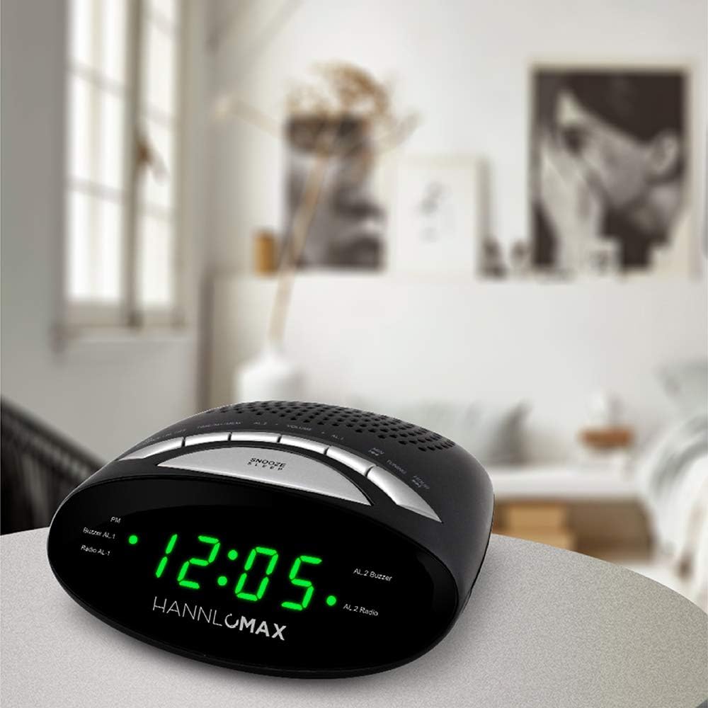 Hannlomax HX-116CR Alarm Clock Radio with Green LED Display and Dual Alarm