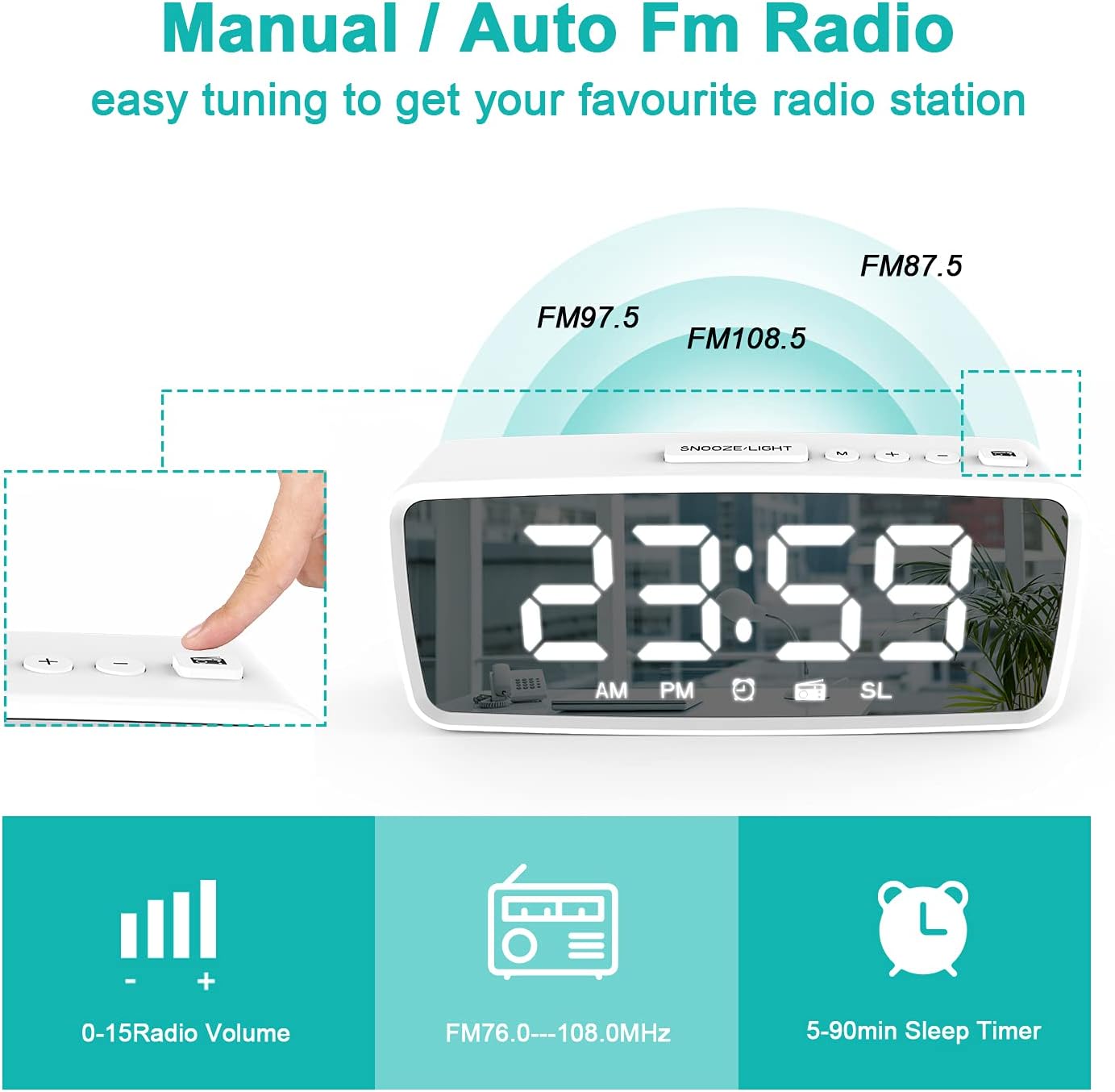 Vauno Digital Alarm Clock with FM Radio and Dimmer