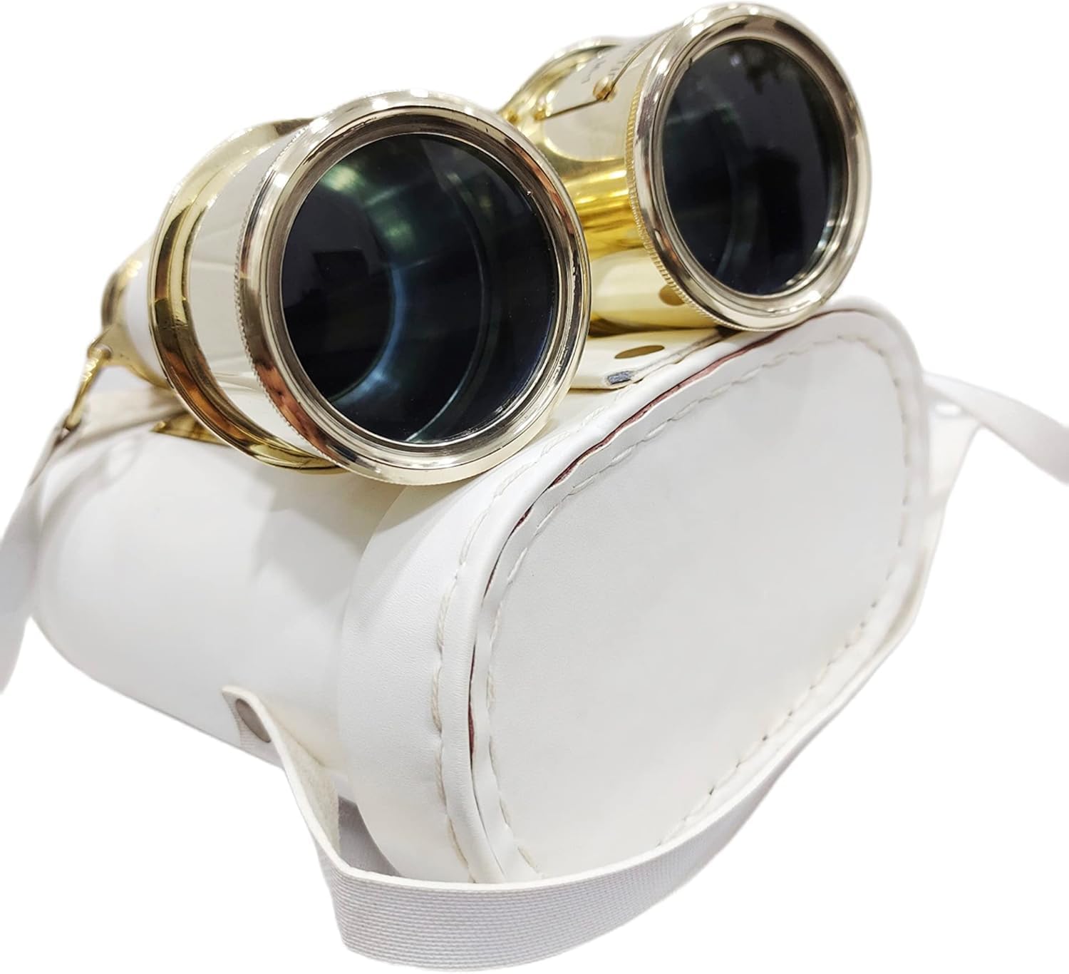 Shiny Brass Binocular with White Leather Case