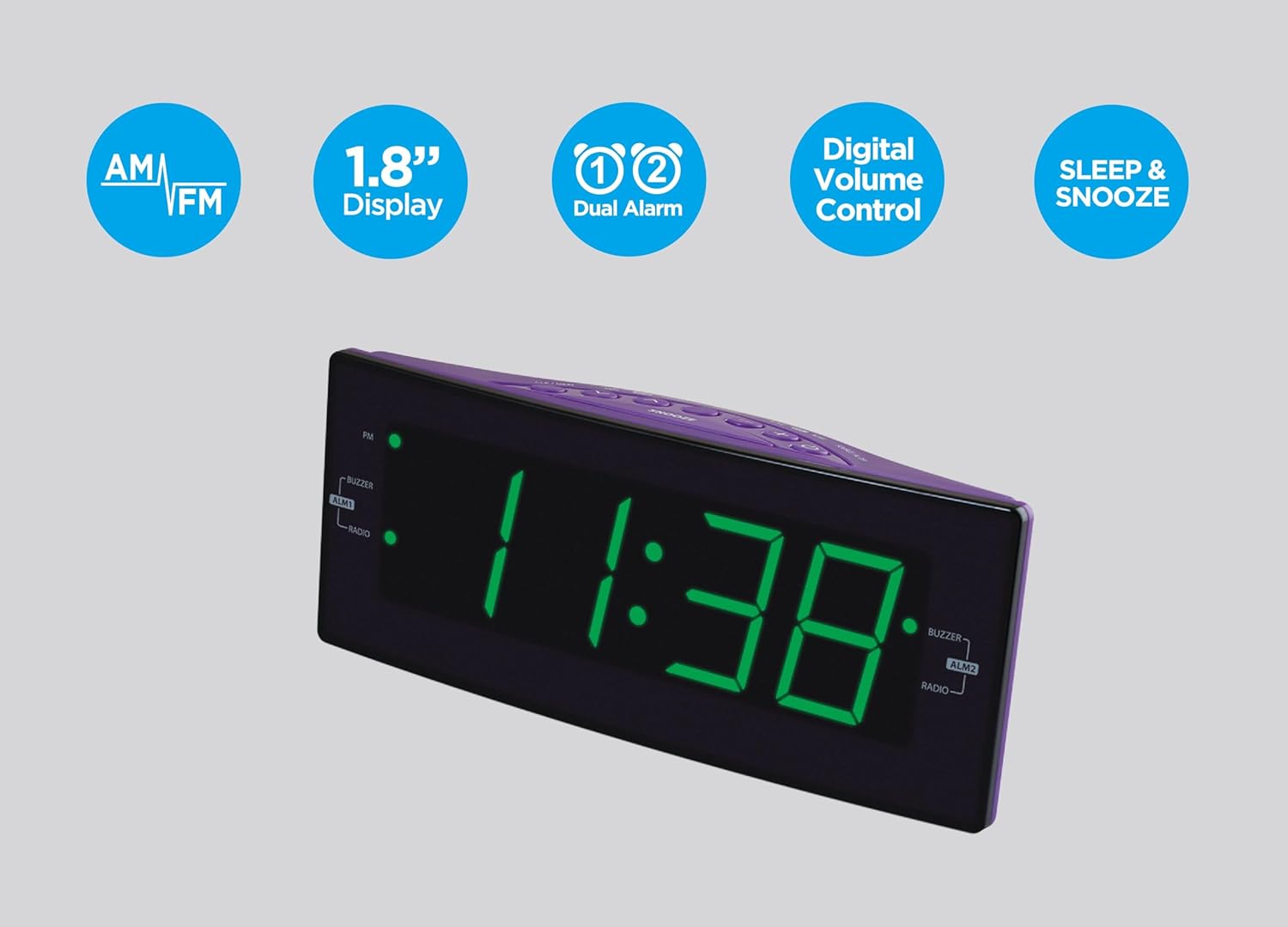 HX-112CR Alarm Clock Radio with Dual Alarm and Green LED Display
