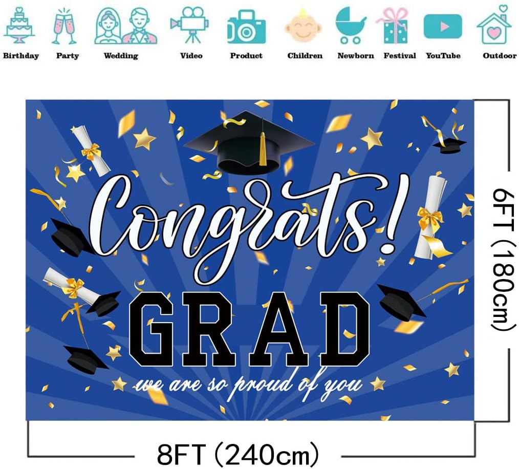 8x6 Ft Blue Graduation Photography Backdrop for Parties and Events
