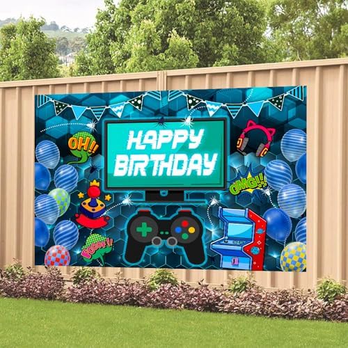 Video Game Birthday Backdrop 7x5ft Blue