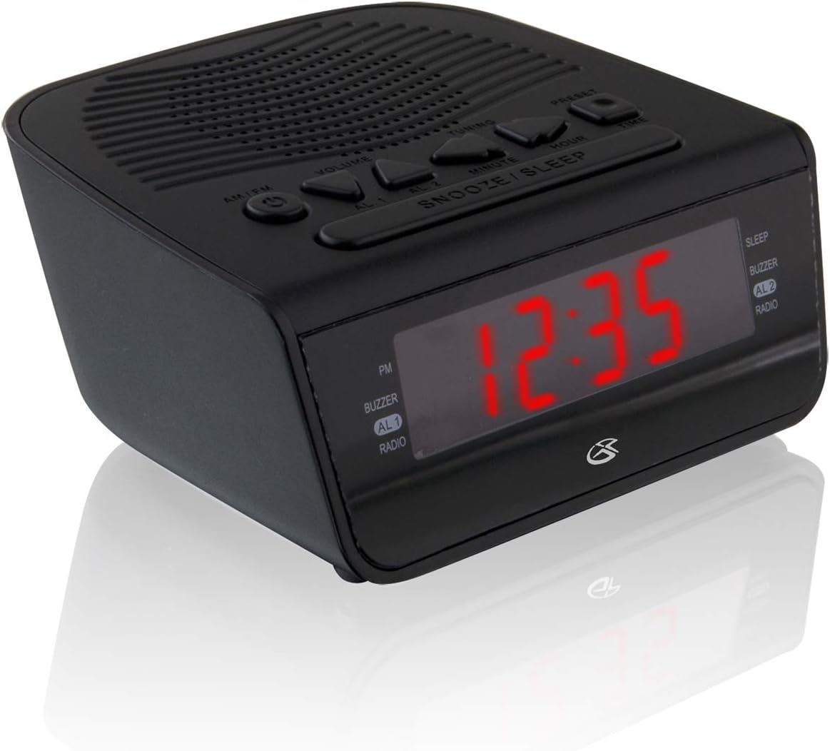 GPX C224B Dual Alarm Clock AM FM Radio with Red LED Display Black