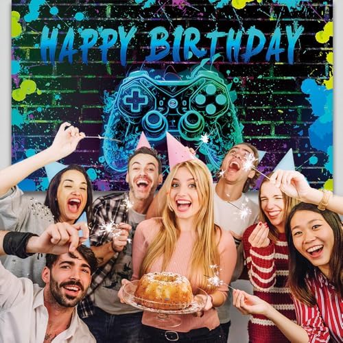 Video Game Birthday Backdrop with Ropes 72x44 Inch