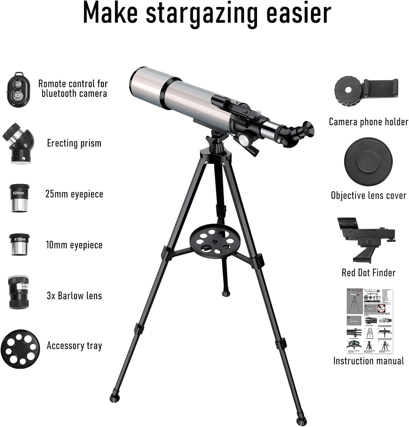 90mm Aperture Refractor Telescope with Stargazing App for Beginners and Adults