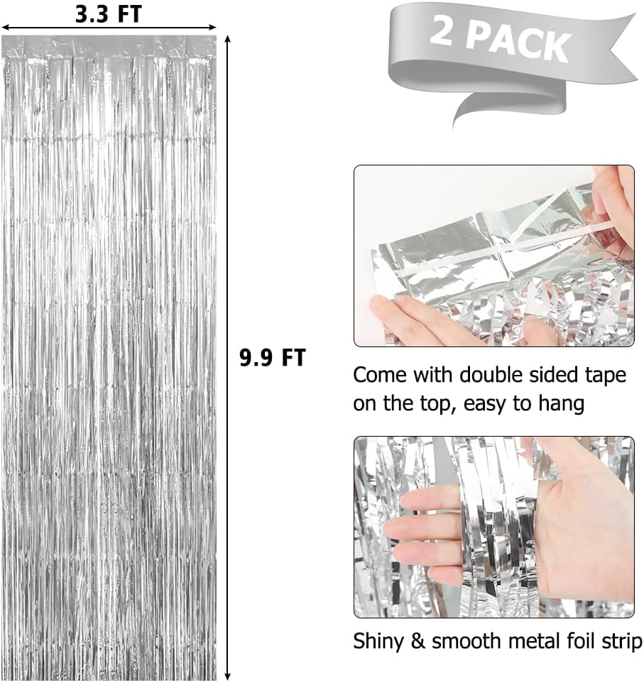 Silver Backdrop Curtain with Fringe 2 Pack 33x99ft